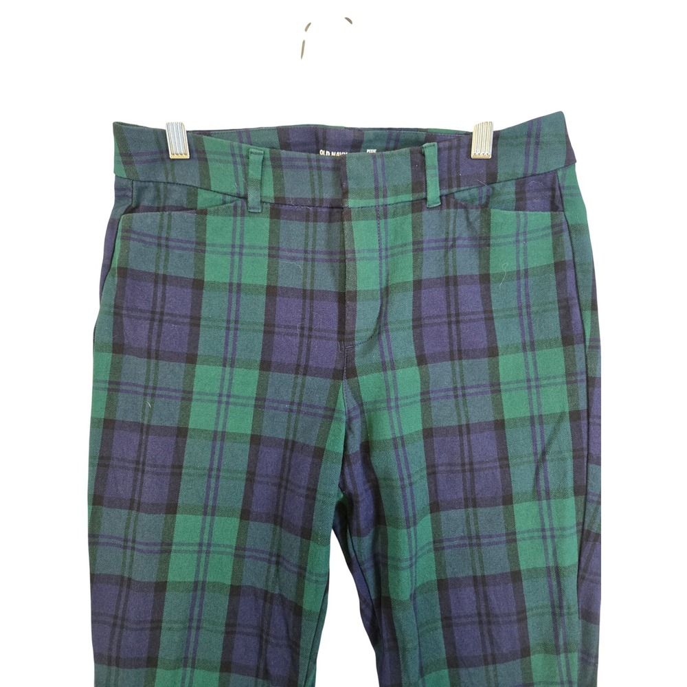 Old Navy Pixie Womens 8 Black Watch Plaid Pants Green Navy High Rise Ankle